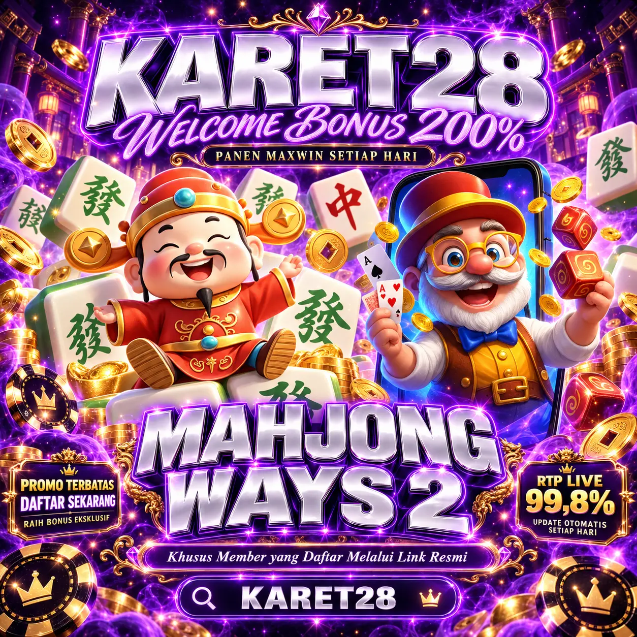 Banner KARET28 bertema hitam dan emas, dengan ilustrasi karakter platform game online.